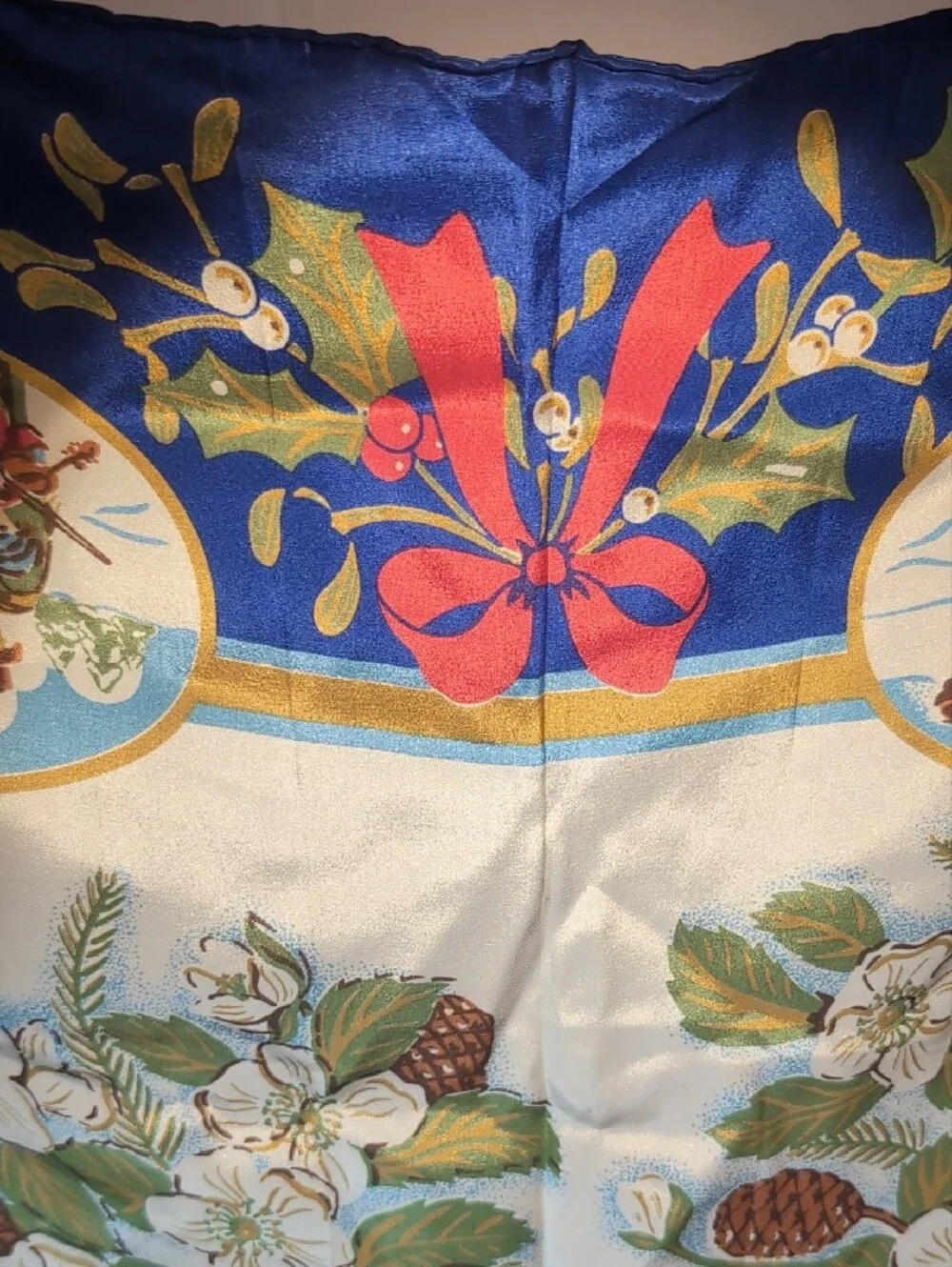 Vntg 100% Silk Square Scarf with Holiday Design, 1992 Old Fashioned